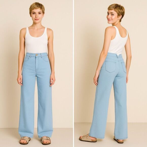 SPRWMN Light Blue Chambray Wide Leg Pants S Boho Lightweight High Waist Casual - Picture 1 of 12